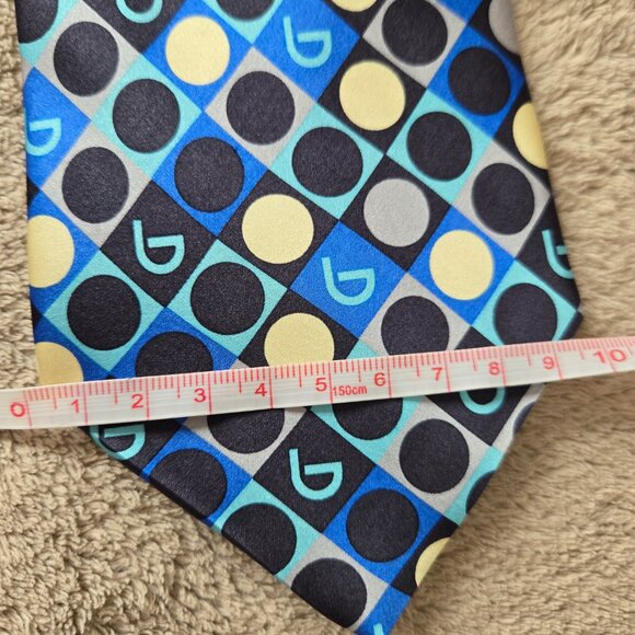 Byblos Men's 100% Silk Tie Made in Italy Blue Yellow Polka Dot Geometric Pattern - Picture 4 of 4